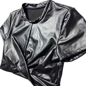 MICAS Black Faux Leather Twist Front Short Sleeve Crop Top Party Club Medium